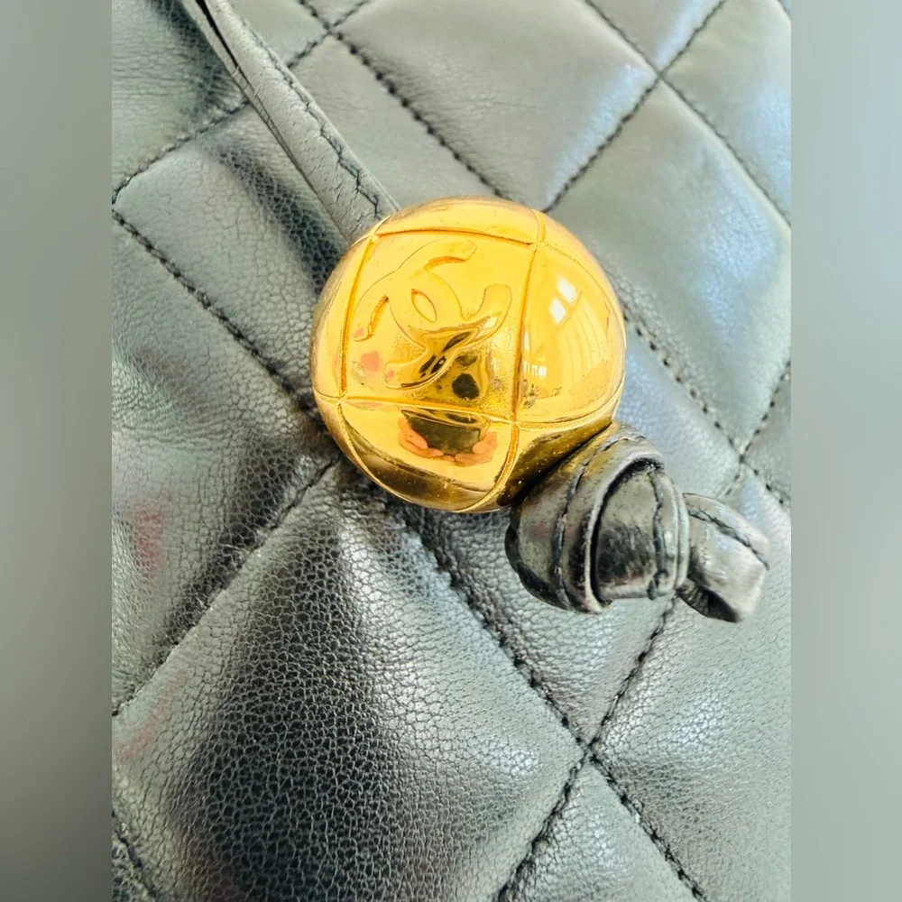 Chanel Vintage 24k Gold Plated Black Lambskin Quilted Tote Bag Gold Ball Charm